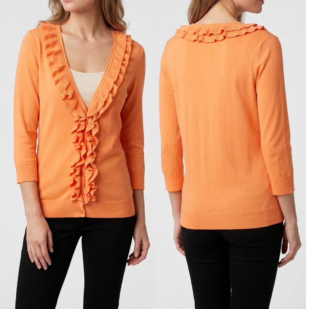Talbots Medium Pima Cotton Cardigan Orange V Neck Ruffle Trim